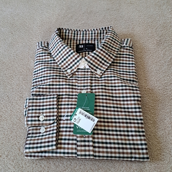 Simons | Le 31 Men's Dress Shirt Gingham Check Green Brown XL Oxford NWT - Picture 1 of 9